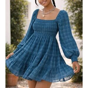 Urban Outfitters River Smocked Long Sleeve Mini Dress Size M Boho Teal Blue